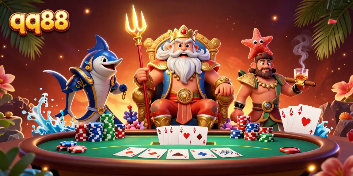 Engage in exciting poker thrills with qq88 in this vibrant, detailed casino scene.