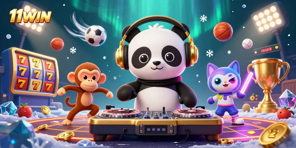 Join the fun at 11WIN with a vibrant casino-themed 3D scene full of slots and excitement.