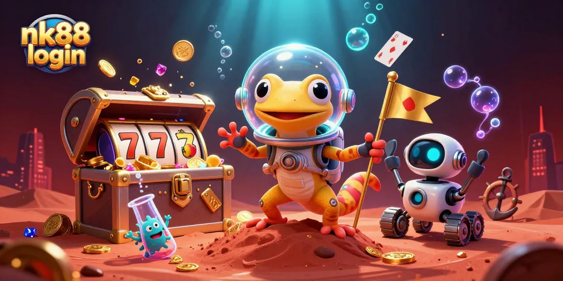 Engage in vibrant gaming at nk88 login, featuring a colorful 3D Martian gecko casino scene.