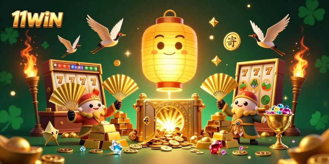 Experience the vibrant energy of 11WIN with golden treasures and lucky symbols in this casino illustration.