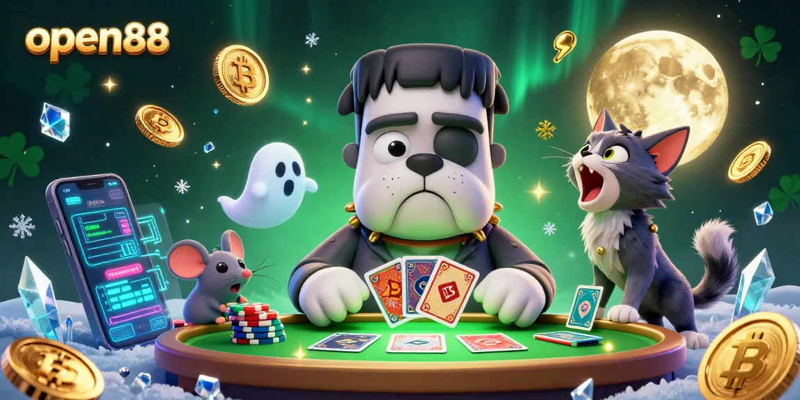 Play cards with the open88 brand at a lively 3D casino featuring whimsical characters.