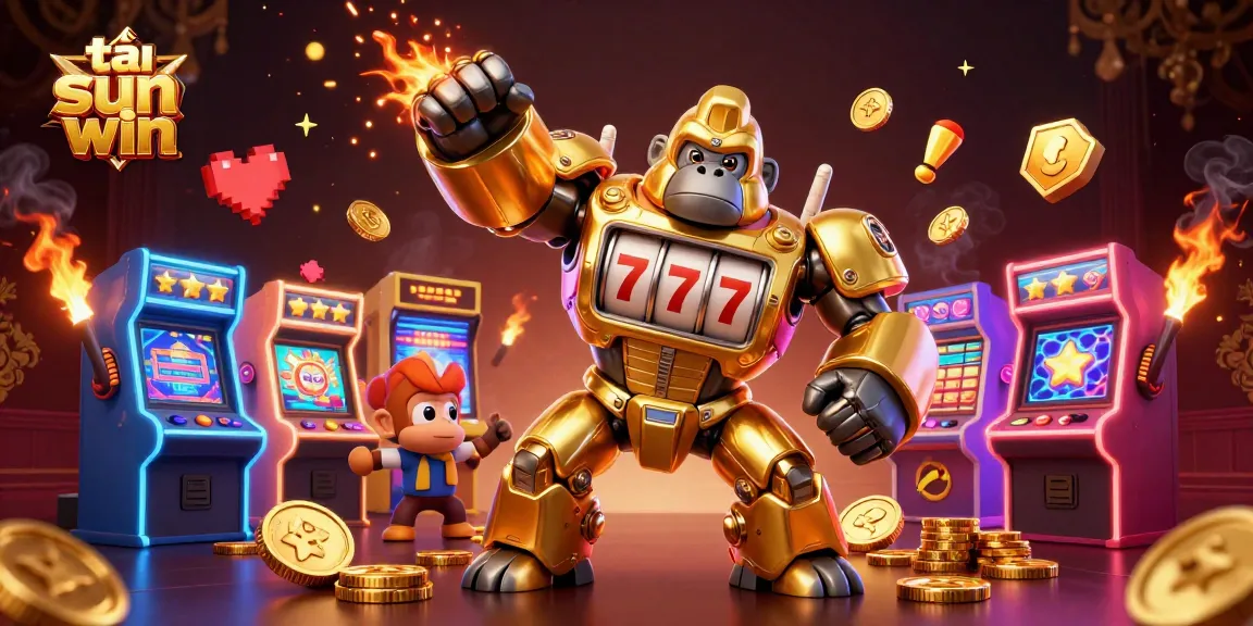 Play slots with tải sun win; dynamic 3D illustration of a golden gorilla mech and arcade machines.