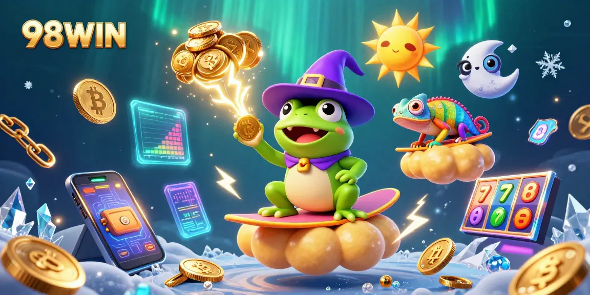 Experience gambling excitement with the vibrant 98WIN casino scene showcasing golden coins and colorful elements.
