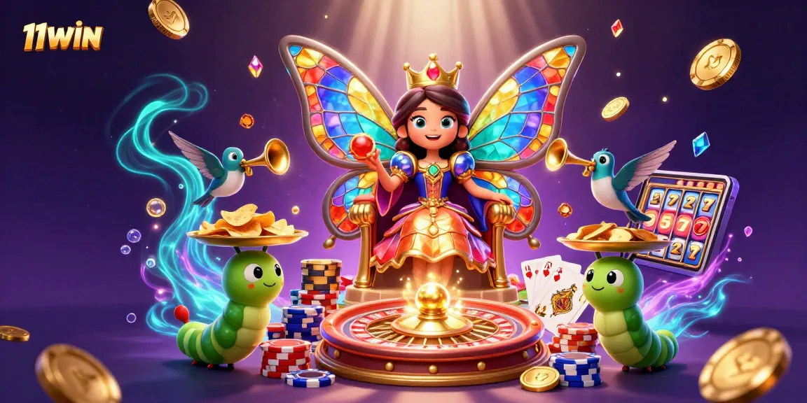 Experience the thrill of 11WIN with a vibrant, animated casino scene filled with games and excitement.