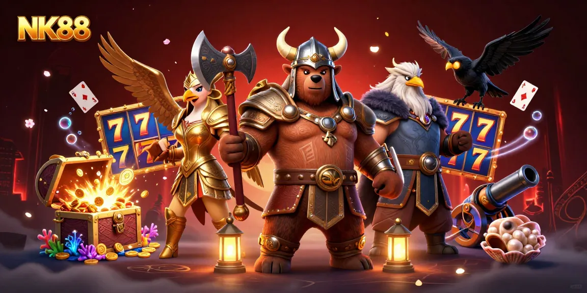 Engage with NK88's vibrant world featuring a Viking bear and Valkyrie eagle amidst spinning slots and precious gems.