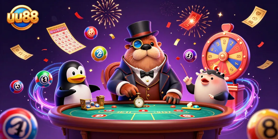 Experience thrilling gameplay at uu88 with a playful walrus, sophisticated penguin dealer, and bluffing pufferfish in a lively casino scene.