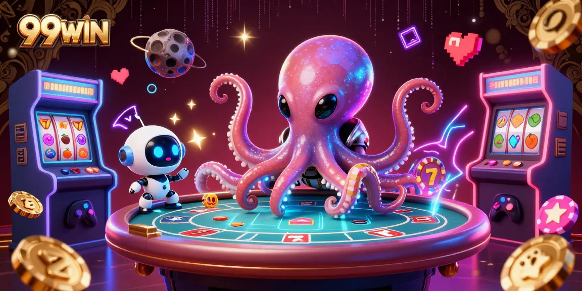99WIN features a vibrant alien octopus playing holographic poker with exciting casino elements.