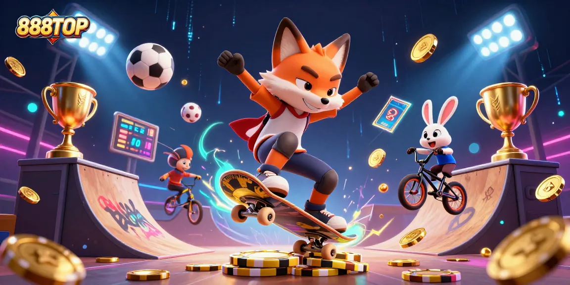 Experience exhilarating betting with 888TOP as a skateboarder fox and BMX rabbit showcase thrilling tricks!