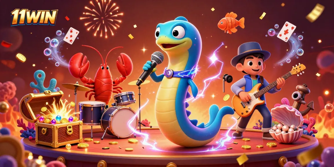 Engage in thrilling underwater games at 11WIN with an electric eel DJ and vibrant casino elements.