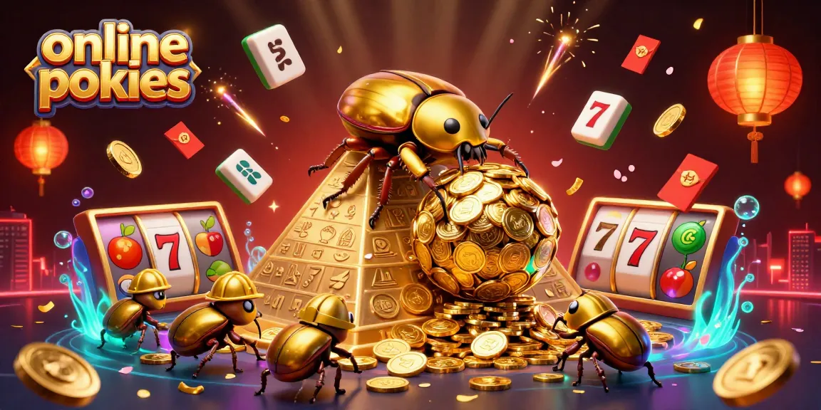 Experience the thrill of online pokies with a vibrant 3D scene featuring golden beetles and casino symbols.