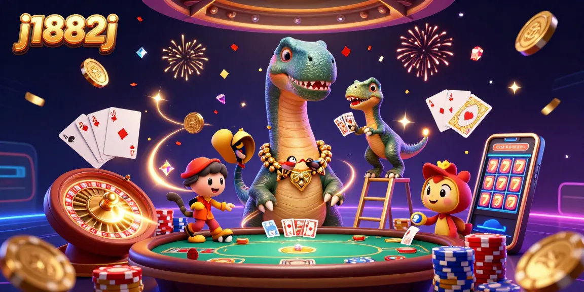 Experience the thrilling atmosphere at j1882j with vibrant casino elements and enchanting characters.