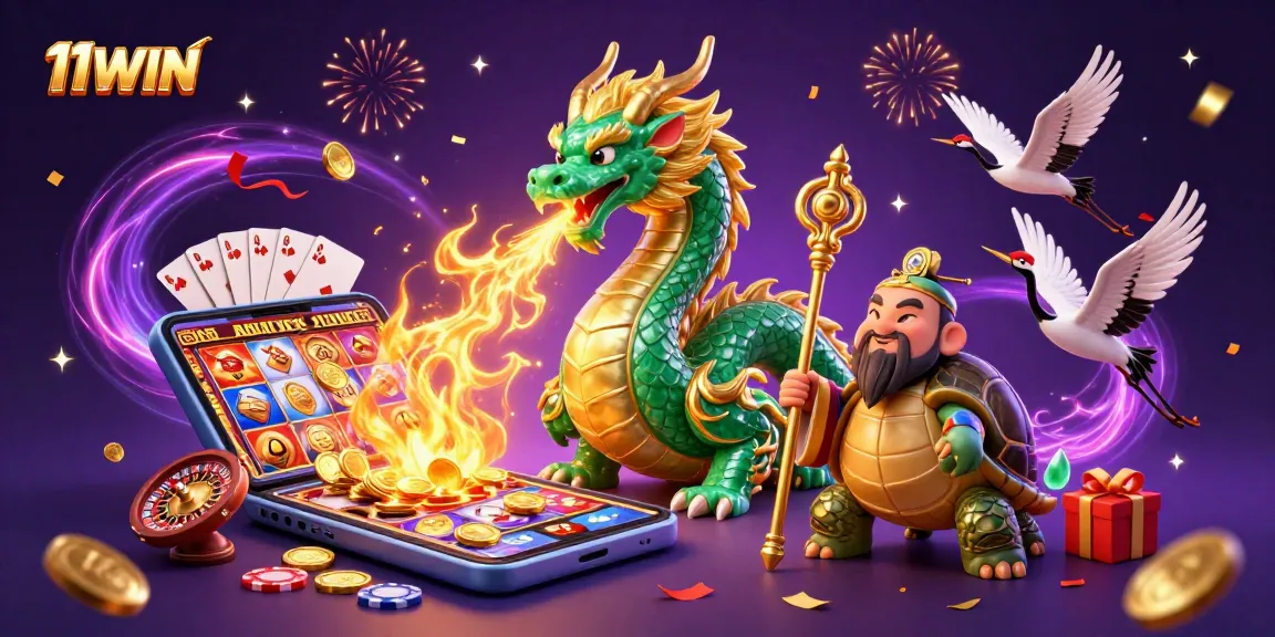 Engage with 11WIN's captivating casino scene showcasing vibrant characters and games.
