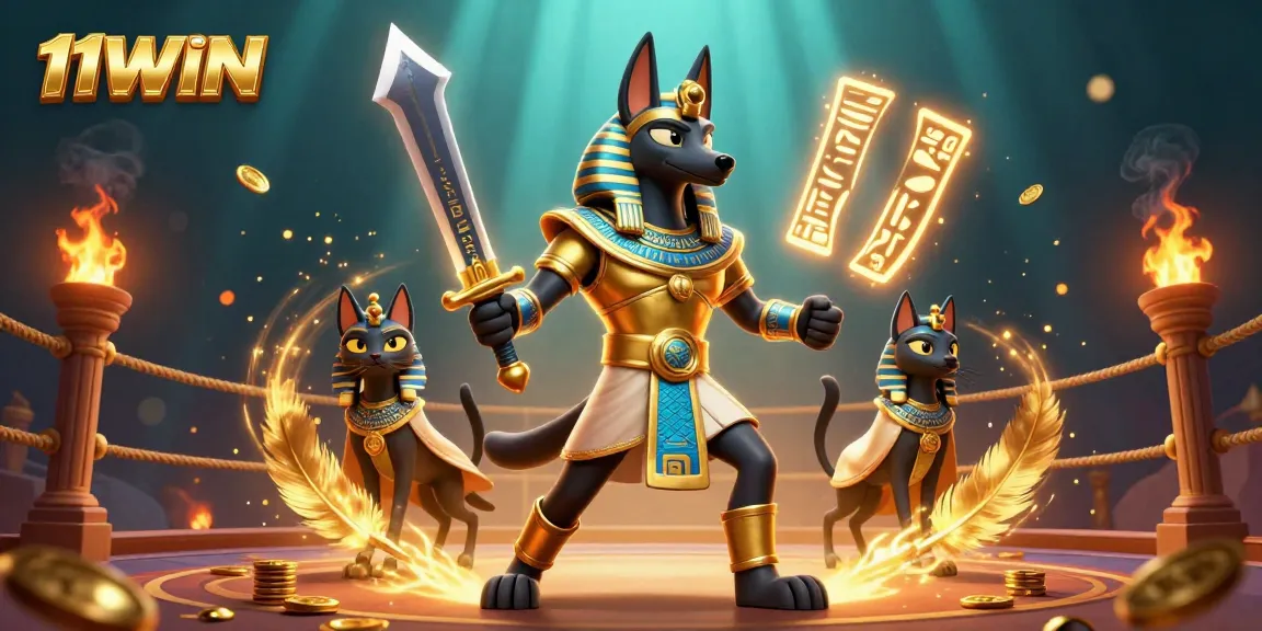 Engage in thrilling battles with 11WIN in a visually rich casino arena, featuring ancient symbols and characters.