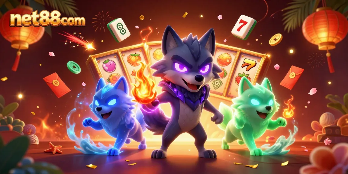 Experience the thrills of net88com with vibrant casino elements and mystical wolf companions.