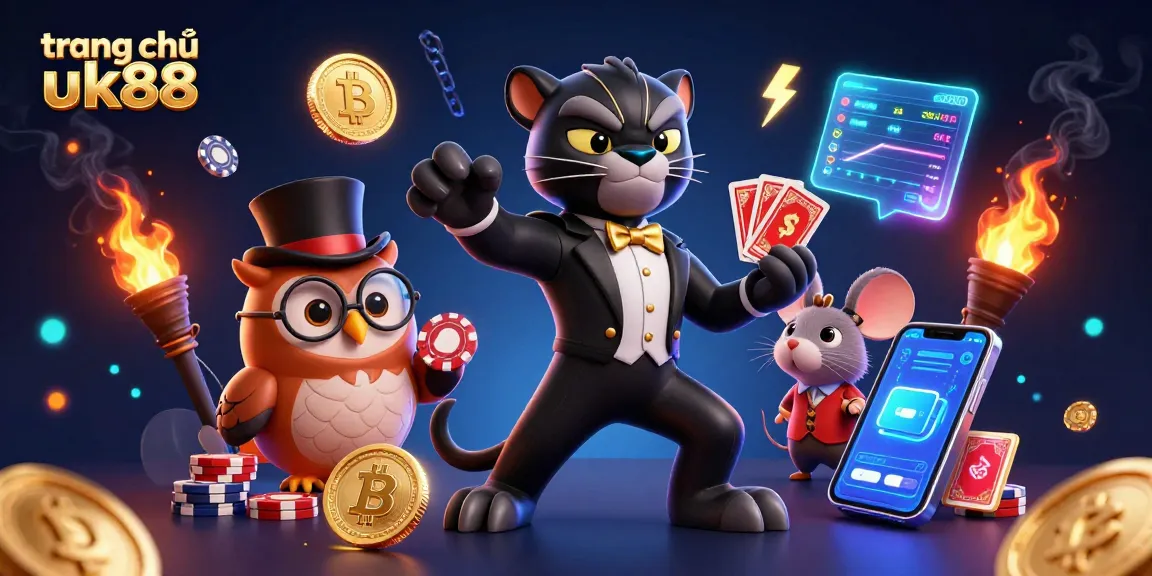 Engage with the vibrant action of trang chủ uk88, featuring a panther at cards with crypto elements.
