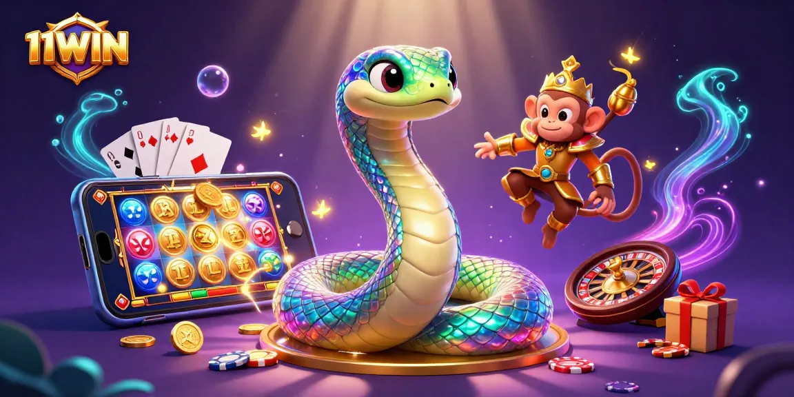 Play colorful slot games and win big with 11WIN's iridescent 3D casino illustration