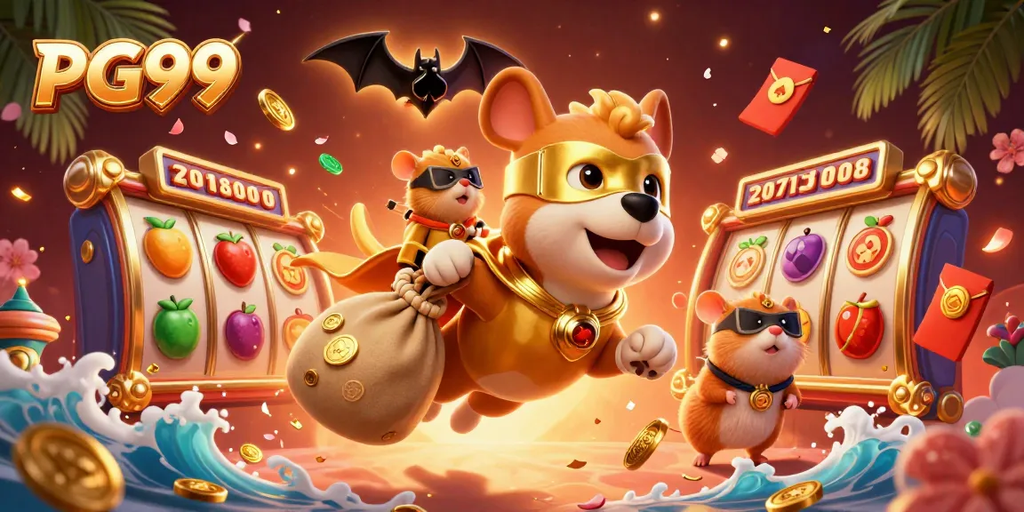 Spin and win at PG99 with a superhero dog flying overhead, surrounded by exciting casino elements.