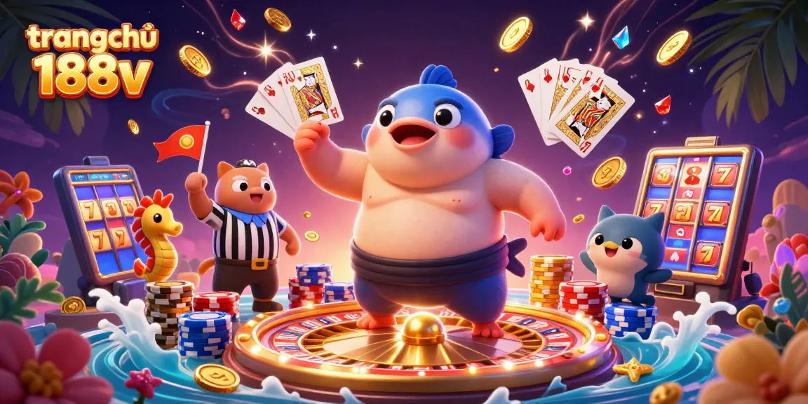 Experience the vibrant fun of trang chủ 188v, featuring a fugu and catfish in a lively casino scene.