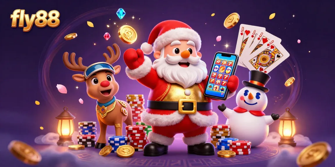 Fly88 showcases Santa and friends winning big in a vibrant casino scene filled with excitement.