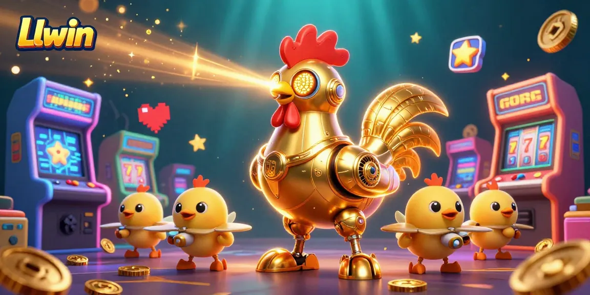 Experience the excitement of Llwin with colorful arcade machines and a dynamic golden rooster character.