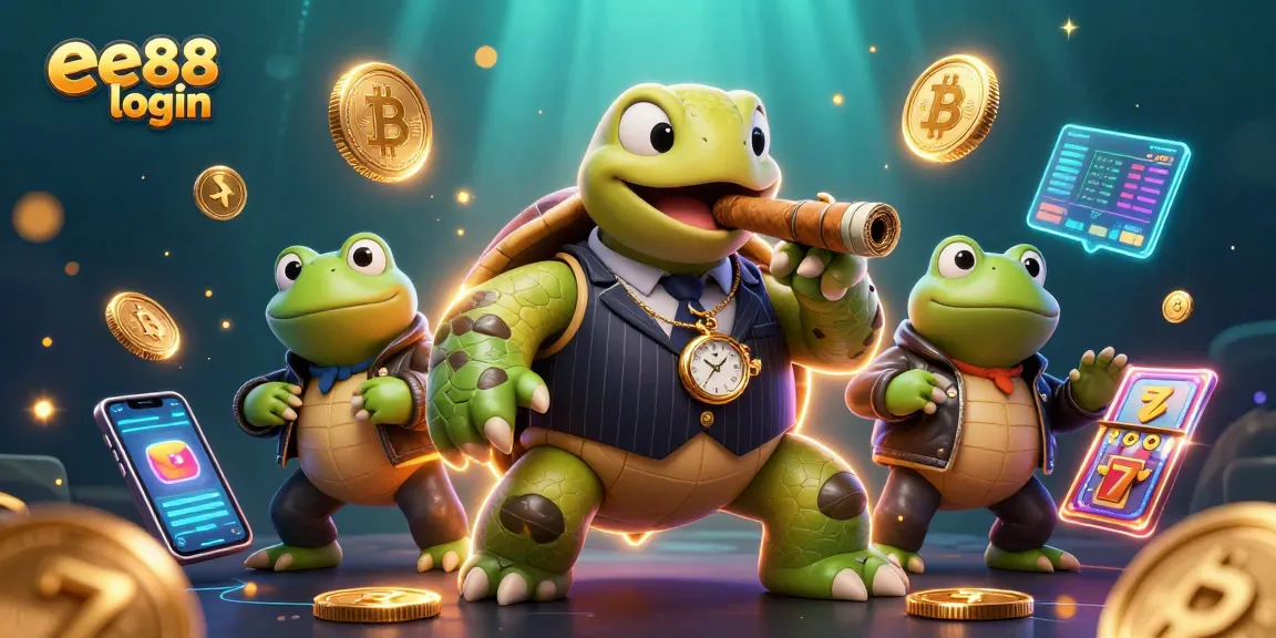 Play and win with ee88 login at this vibrant casino-themed illustration featuring crypto elements.